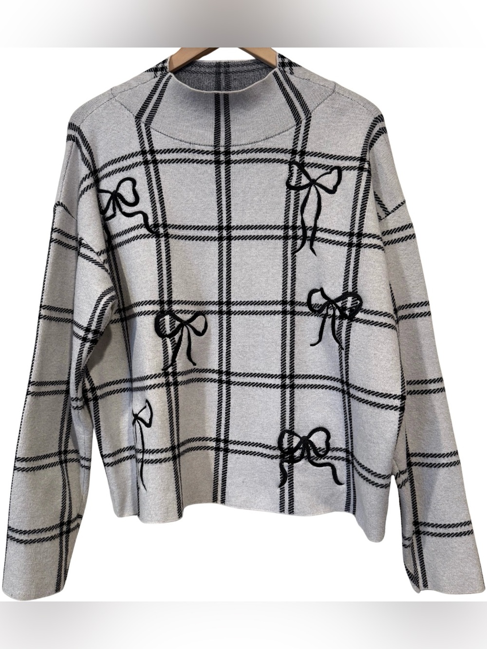 Anthropologie Maeve Carys Mock Neck Bow Plaid Sweater Knit M Preppy Coquette - Picture 2 of 8